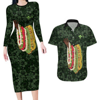 Hawaii Lei Kamehameha Couples Matching Long Sleeve Bodycon Dress and Hawaiian Shirt Oma'oma'o Seamless Pattern Hibiscus Flower LT9 Green - Polynesian Pride