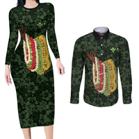 Hawaii Lei Kamehameha Couples Matching Long Sleeve Bodycon Dress and Long Sleeve Button Shirt Oma'oma'o Seamless Pattern Hibiscus Flower LT9 Green - Polynesian Pride