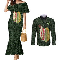 Hawaii Lei Kamehameha Couples Matching Mermaid Dress and Long Sleeve Button Shirt Oma'oma'o Seamless Pattern Hibiscus Flower LT9 Green - Polynesian Pride