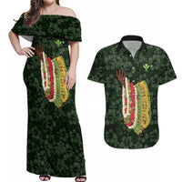 Hawaii Lei Kamehameha Couples Matching Off Shoulder Maxi Dress and Hawaiian Shirt Oma'oma'o Seamless Pattern Hibiscus Flower LT9 Green - Polynesian Pride