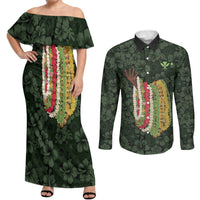 Hawaii Lei Kamehameha Couples Matching Off Shoulder Maxi Dress and Long Sleeve Button Shirt Oma'oma'o Seamless Pattern Hibiscus Flower LT9 Green - Polynesian Pride