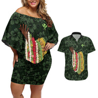 Hawaii Lei Kamehameha Couples Matching Off Shoulder Short Dress and Hawaiian Shirt Oma'oma'o Seamless Pattern Hibiscus Flower LT9 Green - Polynesian Pride