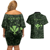 Hawaii Lei Kamehameha Couples Matching Off Shoulder Short Dress and Hawaiian Shirt Oma'oma'o Seamless Pattern Hibiscus Flower LT9 - Polynesian Pride