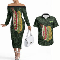Hawaii Lei Kamehameha Couples Matching Off The Shoulder Long Sleeve Dress and Hawaiian Shirt Oma'oma'o Seamless Pattern Hibiscus Flower LT9 Green - Polynesian Pride