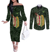 Hawaii Lei Kamehameha Couples Matching Off The Shoulder Long Sleeve Dress and Long Sleeve Button Shirt Oma'oma'o Seamless Pattern Hibiscus Flower LT9 Green - Polynesian Pride