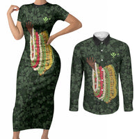 Hawaii Lei Kamehameha Couples Matching Short Sleeve Bodycon Dress and Long Sleeve Button Shirt Oma'oma'o Seamless Pattern Hibiscus Flower LT9 Green - Polynesian Pride