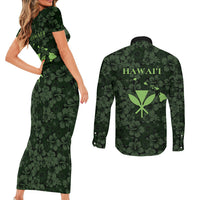 Hawaii Lei Kamehameha Couples Matching Short Sleeve Bodycon Dress and Long Sleeve Button Shirt Oma'oma'o Seamless Pattern Hibiscus Flower LT9 - Polynesian Pride