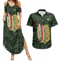 Hawaii Lei Kamehameha Couples Matching Summer Maxi Dress and Hawaiian Shirt Oma'oma'o Seamless Pattern Hibiscus Flower LT9 Green - Polynesian Pride