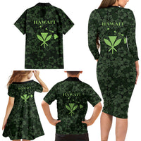 Hawaii Lei Kamehameha Family Matching Long Sleeve Bodycon Dress and Hawaiian Shirt Oma'oma'o Seamless Pattern Hibiscus Flower LT9 Mom's Dress Green - Polynesian Pride
