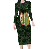 Hawaii Lei Kamehameha Family Matching Long Sleeve Bodycon Dress and Hawaiian Shirt Oma'oma'o Seamless Pattern Hibiscus Flower LT9 Mom's Dress Green - Polynesian Pride