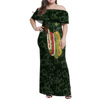Hawaii Lei Kamehameha Family Matching Off Shoulder Maxi Dress and Hawaiian Shirt Oma'oma'o Seamless Pattern Hibiscus Flower LT9 Mom's Dress Green - Polynesian Pride