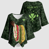 Hawaii Lei Kamehameha Kimono Sleeve Blouse Oma'oma'o Seamless Pattern Hibiscus Flower