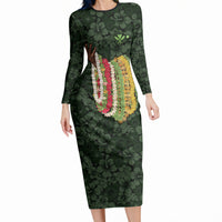 Hawaii Lei Kamehameha Long Sleeve Bodycon Dress Oma'oma'o Seamless Pattern Hibiscus Flower LT9 Long Dress Green - Polynesian Pride