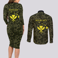 Hawaii Lei Kamehameha Couples Matching Long Sleeve Bodycon Dress and Long Sleeve Button Shirt Melemele Seamless Pattern Hibiscus Flower LT9 - Polynesian Pride