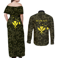 Hawaii Lei Kamehameha Couples Matching Off Shoulder Maxi Dress and Long Sleeve Button Shirt Melemele Seamless Pattern Hibiscus Flower LT9 - Polynesian Pride