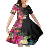 Hafa Adai Guam Family Matching Puletasi and Hawaiian Shirt Tropical Flowers Colorful Vibes LT9 Daughter's Dress Black - Polynesian Pride