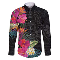 Hafa Adai Guam Family Matching Puletasi and Hawaiian Shirt Tropical Flowers Colorful Vibes LT9 Dad's Shirt - Long Sleeve Black - Polynesian Pride