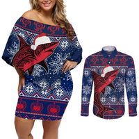Samoa Manuia Le Kirisimasi Couples Matching Off Shoulder Short Dress and Long Sleeve Button Shirts Samoan Fishing Tribal Pattern Christmas Vibe LT9 Red - Polynesian Pride