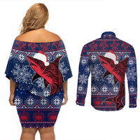 Samoa Manuia Le Kirisimasi Couples Matching Off Shoulder Short Dress and Long Sleeve Button Shirts Samoan Fishing Tribal Pattern Christmas Vibe LT9 - Polynesian Pride