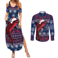 Samoa Manuia Le Kirisimasi Couples Matching Summer Maxi Dress and Long Sleeve Button Shirts Samoan Fishing Tribal Pattern Christmas Vibe LT9 Red - Polynesian Pride