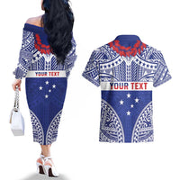 Personalised Toa Samoa Rugby Spirit Couples Matching Off The Shoulder Long Sleeve Dress and Hawaiian Shirt Blue Samoan Tribal Pattern - Polynesian Pride