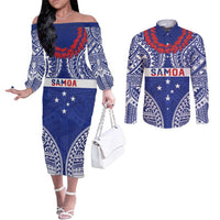 Personalised Toa Samoa Rugby Spirit Couples Matching Off The Shoulder Long Sleeve Dress and Long Sleeve Button Shirt Blue Samoan Tribal Pattern - Polynesian Pride