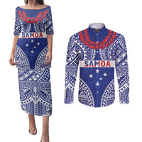 Personalised Toa Samoa Rugby Spirit Couples Matching Puletasi and Long Sleeve Button Shirt Blue Samoan Tribal Pattern - Polynesian Pride