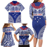 Personalised Toa Samoa Rugby Spirit Family Matching Long Sleeve Bodycon Dress and Hawaiian Shirt Blue Samoan Tribal Pattern - Polynesian Pride