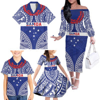 Personalised Toa Samoa Rugby Spirit Family Matching Off The Shoulder Long Sleeve Dress and Hawaiian Shirt Blue Samoan Tribal Pattern - Polynesian Pride