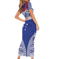 Personalised Toa Samoa Rugby Spirit Family Matching Short Sleeve Bodycon Dress and Hawaiian Shirt Blue Samoan Tribal Pattern - Polynesian Pride