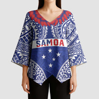 Personalised Toa Samoa Rugby Spirit Kimono Sleeve Blouse Blue Samoan Tribal Pattern - Polynesian Pride