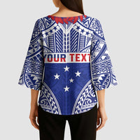 Personalised Toa Samoa Rugby Spirit Kimono Sleeve Blouse Blue Samoan Tribal Pattern - Polynesian Pride