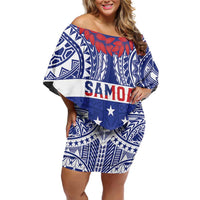Personalised Toa Samoa Rugby Spirit Off Shoulder Short Dress Blue Samoan Tribal Pattern - Polynesian Pride