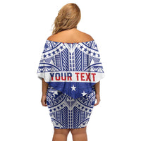 Personalised Toa Samoa Rugby Spirit Off Shoulder Short Dress Blue Samoan Tribal Pattern - Polynesian Pride