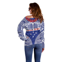 Personalised Toa Samoa Rugby Spirit Off Shoulder Sweater Blue Samoan Tribal Pattern - Polynesian Pride