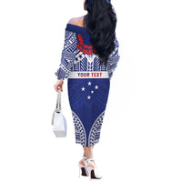 Personalised Toa Samoa Rugby Spirit Off The Shoulder Long Sleeve Dress Blue Samoan Tribal Pattern - Polynesian Pride