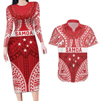 Personalised Toa Samoa Rugby Spirit Couples Matching Long Sleeve Bodycon Dress and Hawaiian Shirt Red Samoan Tribal Pattern - Polynesian Pride