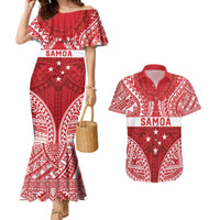 Personalised Toa Samoa Rugby Spirit Couples Matching Mermaid Dress and Hawaiian Shirt Red Samoan Tribal Pattern - Polynesian Pride