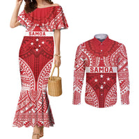 Personalised Toa Samoa Rugby Spirit Couples Matching Mermaid Dress and Long Sleeve Button Shirt Red Samoan Tribal Pattern - Polynesian Pride