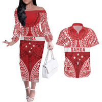 Personalised Toa Samoa Rugby Spirit Couples Matching Off The Shoulder Long Sleeve Dress and Hawaiian Shirt Red Samoan Tribal Pattern - Polynesian Pride