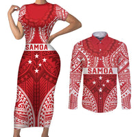 Personalised Toa Samoa Rugby Spirit Couples Matching Short Sleeve Bodycon Dress and Long Sleeve Button Shirt Red Samoan Tribal Pattern - Polynesian Pride