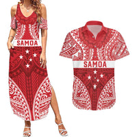 Personalised Toa Samoa Rugby Spirit Couples Matching Summer Maxi Dress and Hawaiian Shirt Red Samoan Tribal Pattern - Polynesian Pride