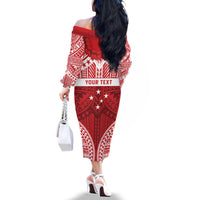 Personalised Toa Samoa Rugby Spirit Family Matching Off The Shoulder Long Sleeve Dress and Hawaiian Shirt Red Samoan Tribal Pattern - Polynesian Pride