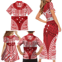 Personalised Toa Samoa Rugby Spirit Family Matching Short Sleeve Bodycon Dress and Hawaiian Shirt Red Samoan Tribal Pattern - Polynesian Pride