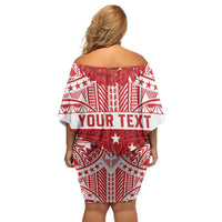 Personalised Toa Samoa Rugby Spirit Off Shoulder Short Dress Red Samoan Tribal Pattern - Polynesian Pride