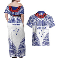 Personalised Toa Samoa Rugby Spirit Couples Matching Off Shoulder Maxi Dress and Hawaiian Shirt White Samoan Tribal Pattern - Polynesian Pride