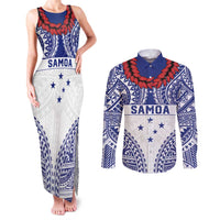 Personalised Toa Samoa Rugby Spirit Couples Matching Tank Maxi Dress and Long Sleeve Button Shirt White Samoan Tribal Pattern - Polynesian Pride