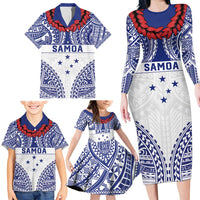Personalised Toa Samoa Rugby Spirit Family Matching Long Sleeve Bodycon Dress and Hawaiian Shirt White Samoan Tribal Pattern - Polynesian Pride