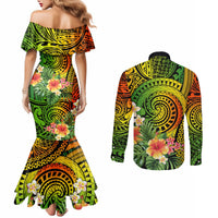 Polynesia Couples Matching Mermaid Dress and Long Sleeve Button Shirt Pasifika Tribal with Tropical Flowers LT9 - Polynesian Pride