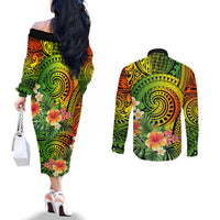Polynesia Couples Matching Off The Shoulder Long Sleeve Dress and Long Sleeve Button Shirt Pasifika Tribal with Tropical Flowers LT9 - Polynesian Pride
